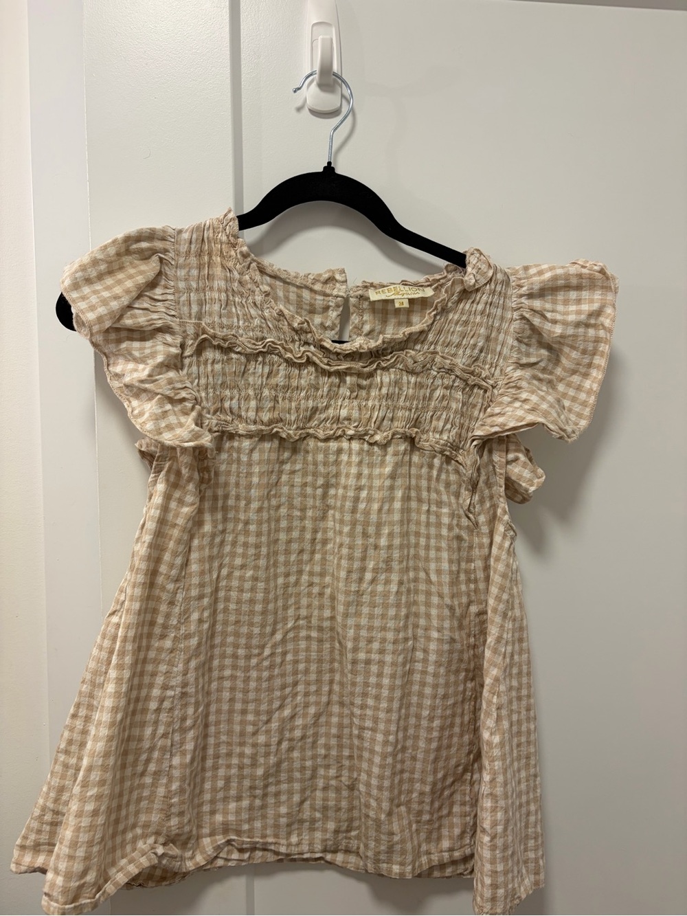 Rebellion Beige & Cream Gingham Flutter-Sleeve Top